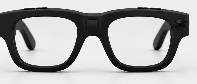 Front view of the Spatii glasses: a black rectangular spectacle frame with clear lenses, a small square sensor housing centred above the bridge of the nose, a camera lens at the outer right of the frame front, and control buttons along the top of each temple.