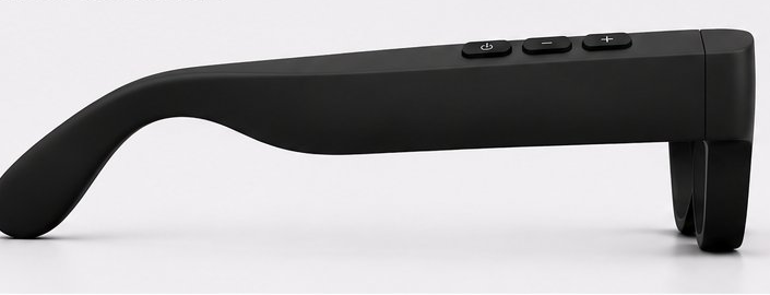 Side view of the same glasses, showing the thickened temple arm that houses the electronics and the row of control buttons along its upper edge.